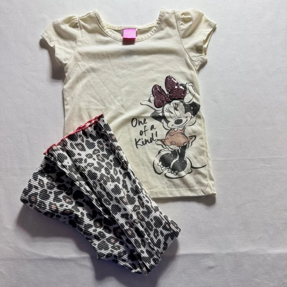 Disney Minnie Mouse Girls 3T Sequin Top Leopard Flare‎ Leggings Outfit Set 2pc